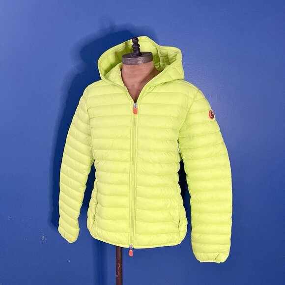 Save The Duck Lightweight Fluo Yellow Kyla Hooded Puffer Jacket Womens Medium - Picture 3 of 9